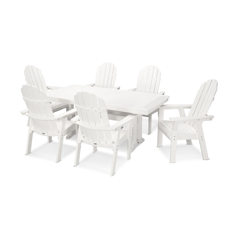 Ensemble repas 7 pièces POLYWOOD Vineyard Curveback Adirondack avec pieds en tréteaux, Blanc, Blanc