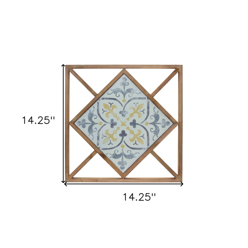 Ensemble de deux encadrements carrés en bois et métal à motif floral blanc, bleu et brun