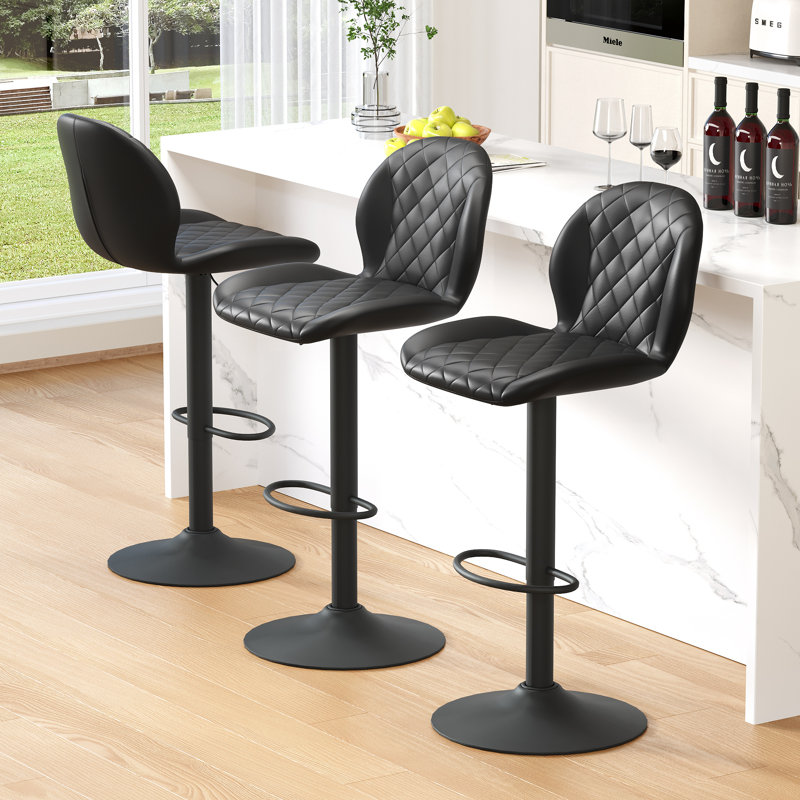 Adjustable Swivel 24"-33" Height Rhombus Faux Leather Bar Stools with Back for Kitchen Island, 3, Black