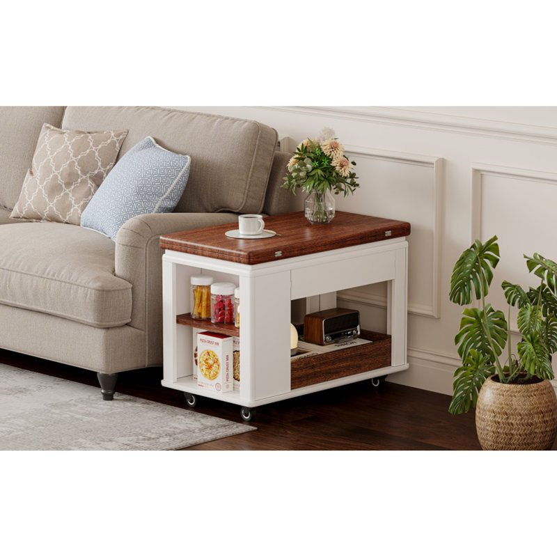 Table basse / table d'appoint moderne 27,6 po avec plateau pliable et roulettes, rangement multi-niveaux, blanc et noyer, table