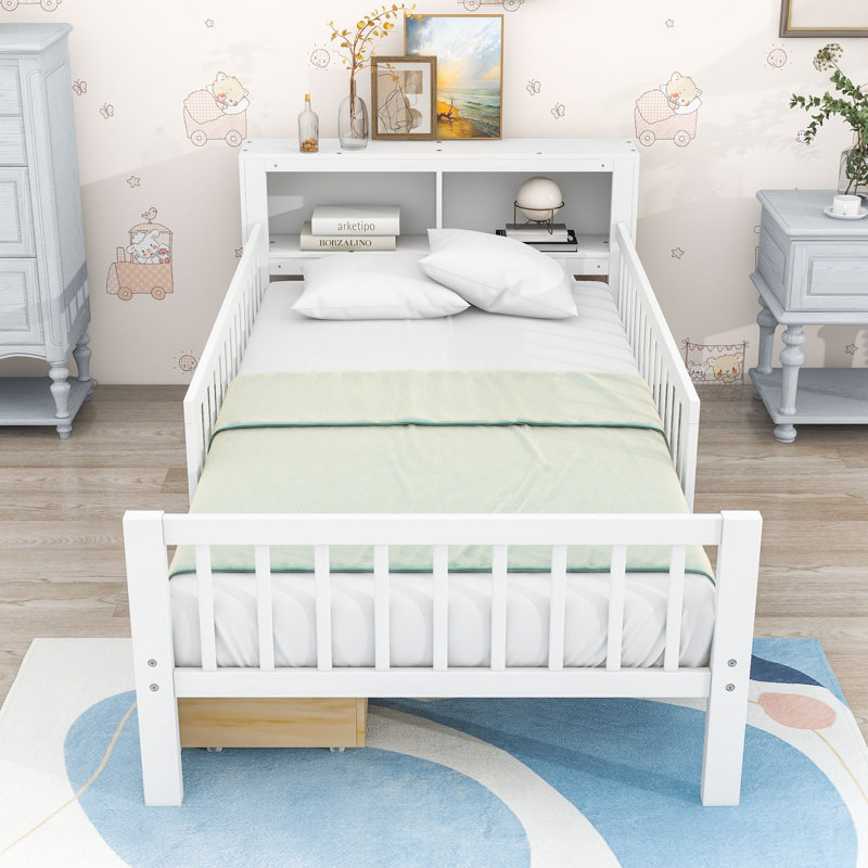 Lit simple en bois avec support de tête de lit et deux tiroirs, Blanc