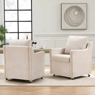 27" Wide Country Farmhouse Linen Upholstered ?Fabric Dining Chair With Casters(Set Of 2)