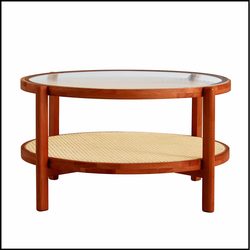 Table à thé circulaire en bois massif à double couche avec tablette tissée en rotin, parfaite pour les espaces de vie élégants et fonctionnels.