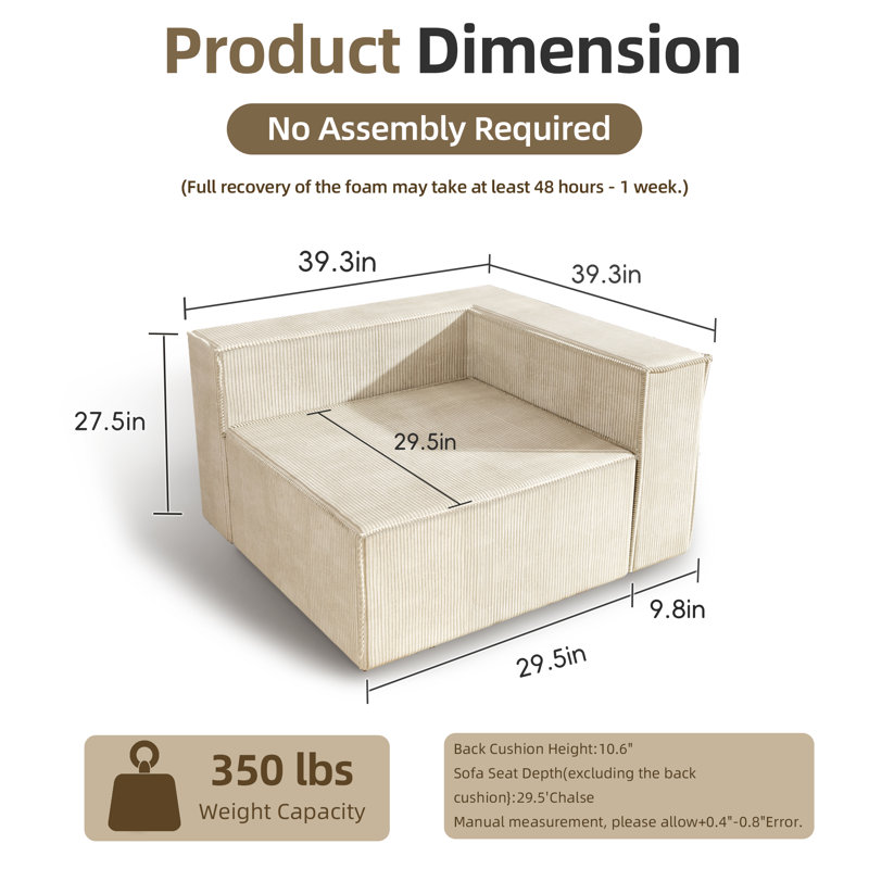 Fauteuil d'angle Boneless Comfy Cloud 39 po, aucun assemblage requis, Beige