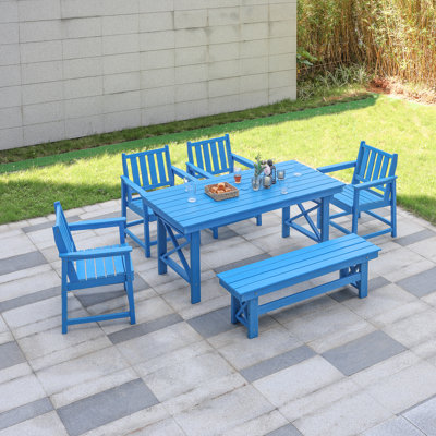 Ensemble de salle à manger en PEHD pour 6 personnes, ensemble de salle à manger de patio avec 4 chaises et 1 banc Seehill