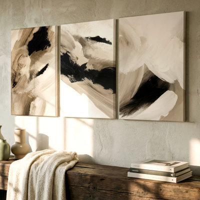 3 Pieces Abstract Neutral Tones Brushstroke Large Wall Art for Modern Decor, Three Pieces Wall Art for Living Room, Bedroom, Office, and Home Decor