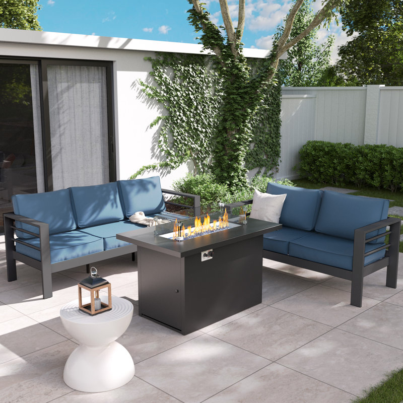 5-Person Sofa Seating Group With Fire Pit Table, Gray, Blue