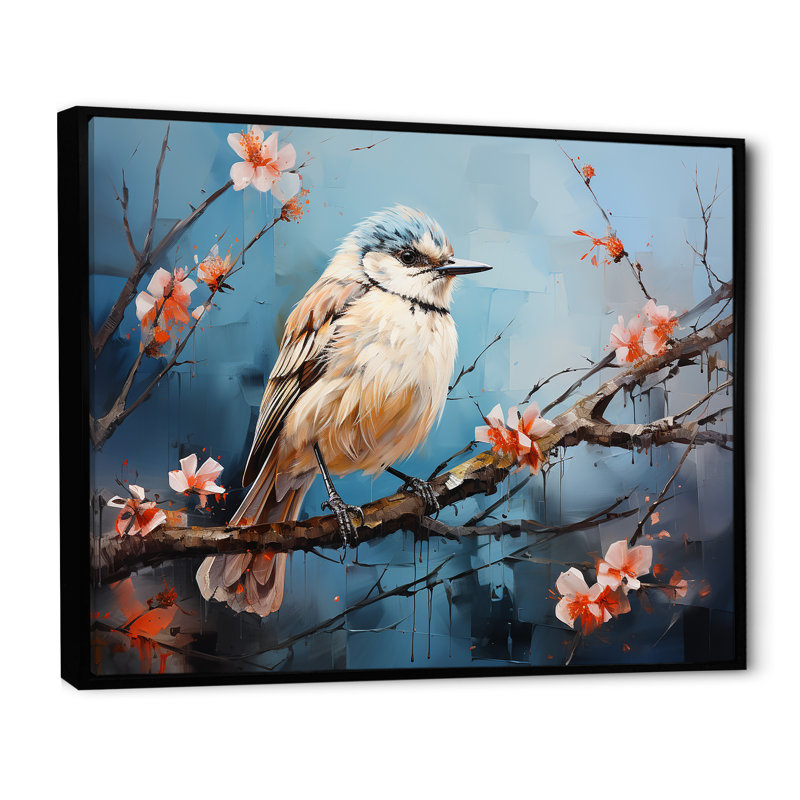 «Winter Birds On Snowdrops Branch» sur toile, Cadre flottant noir, H 24 po x l 32 po x P 1 po