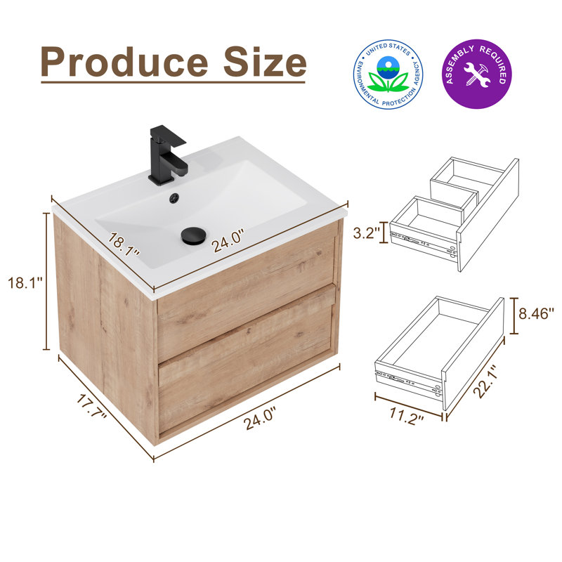 Jadaya Sharee 24" Modern Wall Mounted Bathroom Vanity with Ceramic Sink Top, Wood Tune Floating Cabinet, Oak