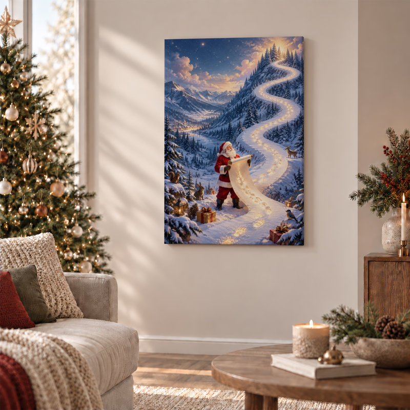 " Santa Claus Holding Glowing Scroll on Winding Christmas " Painting, 18"H x 12"W