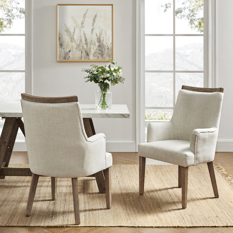 Sara Farmhouse Upholstered Back Arm Chair with Solid Wood Legs, Ivory