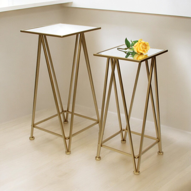 Aeriva Set of 2 Square Metal Modern Tables | Mirror Top | - Gold, Gold