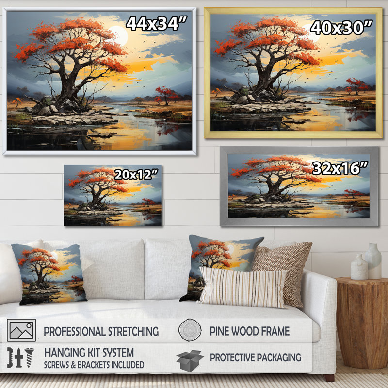Paysage de baobab rouge sur toile, H 16 po x l 32 po x P 1 po, Cadre photo blanc
