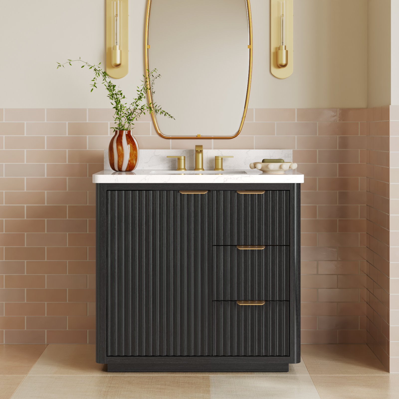 Adela 36'' Single Bathroom Vanity, Black, White, Gold