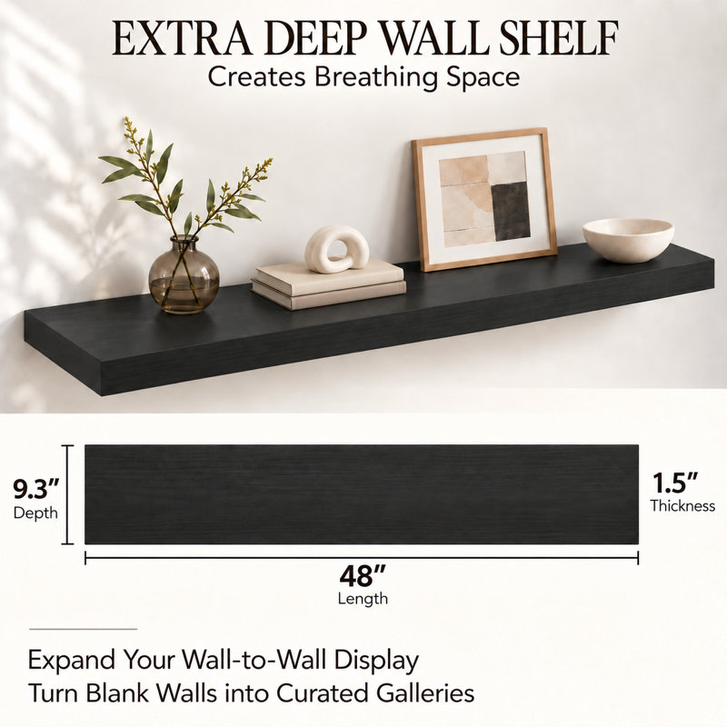Ensemble de 2 tablettes murales flottantes de 9,3 po de profondeur à fixation murale, 1.5" H x 48" W x 9.3" D, Noir