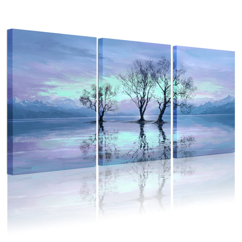 «Landscape Tree Lake Reflection», ensemble de 3 reproductions d'art sur toile tendues, H 24 po x l 48 po