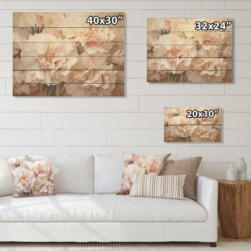 Arrangement d'œillets beige I - œillets, art mural sur bois de pin naturel, H 30 po x l 40 po