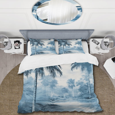 Ensemble de housse de couette Vintage Blue Palm Trees Shadows I - Palms & Palm Trees