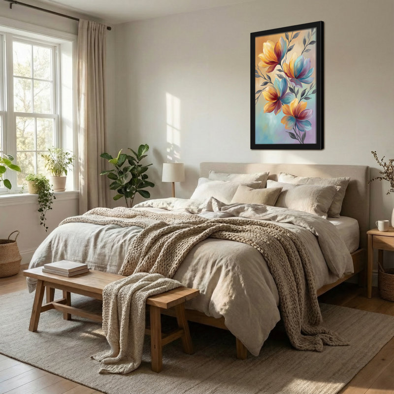 Plantes et fleurs, motif floral coloré sur fond dégradé, H 24 po x l 36 po