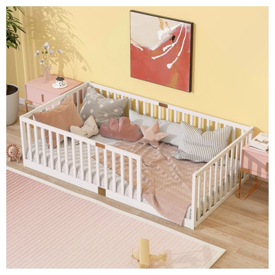 Twin Size Floor Bed with High Fence Railings, 6 Slats Included, Rubber Wood Floor Bed with Safety Guardrails, without Door,White