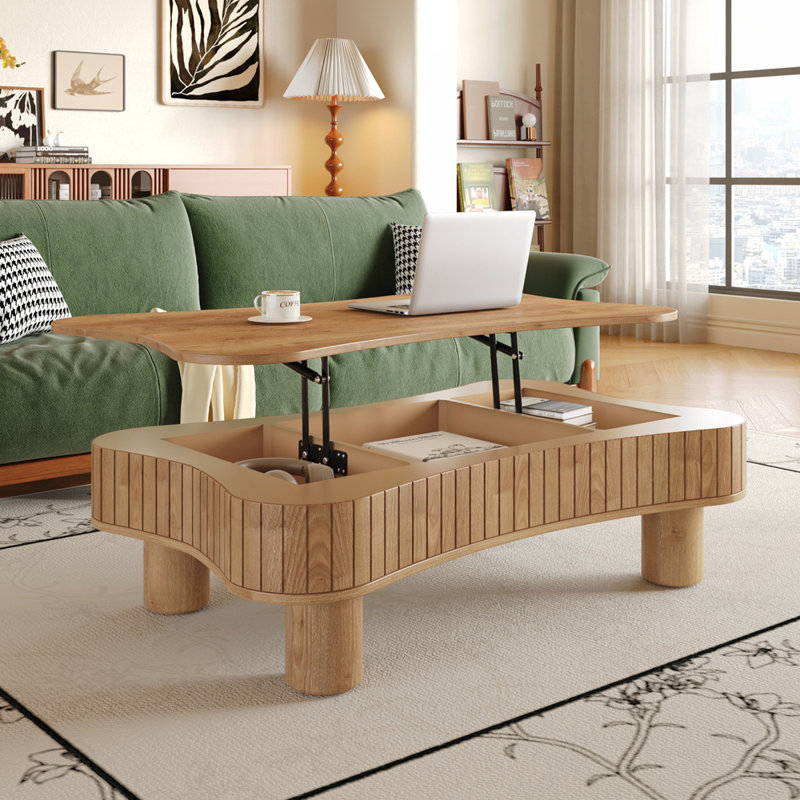 Table basse à plateau relevable pour salon avec rangement caché, Marron clair