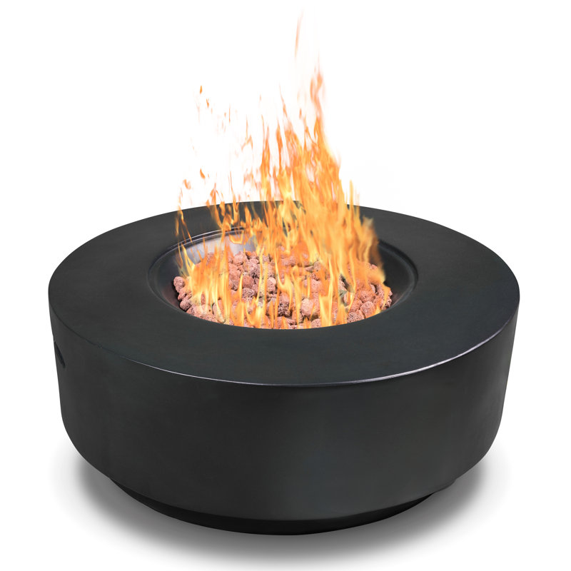 Aleidy Round Polyresin Propane Smokeless Fire Pit, Faux Black Stone