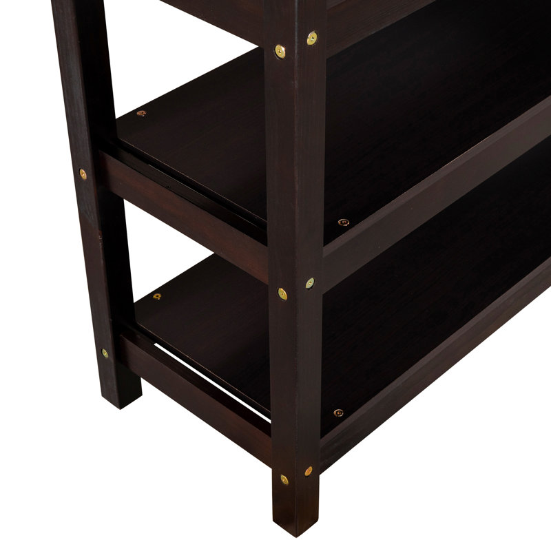 Lit mezzanine double avec tablettes de rangement et bureau sous le lit, Espresso