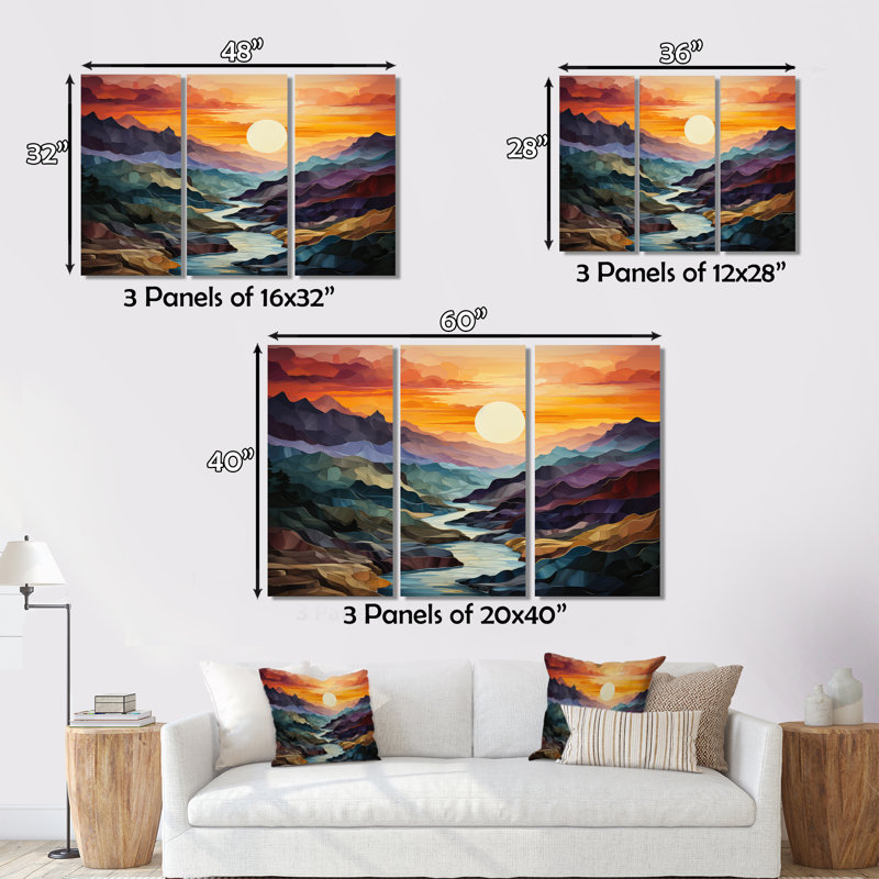 «Orange Teal Mountains Bold Landscape», reproduction d'art sur toile, H 16 po x l 32 po x P 1 po, Brown Floater Framed
