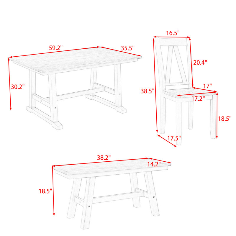 Ensemble de salle à manger 6 pièces en bois de ferme avec table rectangulaire, 4 chaises et banc, Noyer, Noyer, Gris