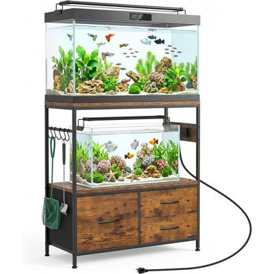 Support d'aquarium 20 à 29 gallons - Support d'aquarium en métal double avec armoire, capacité de 330 lb, prises de courant et tiroirs pour le bureau personnel