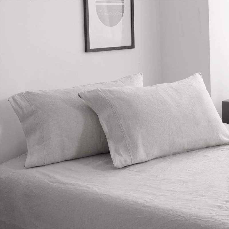 100% French Linen Pillowcase Set Of 2- Washed Solid Color Pillow Cases Embroidered, Gray, Queen Pillow Case
