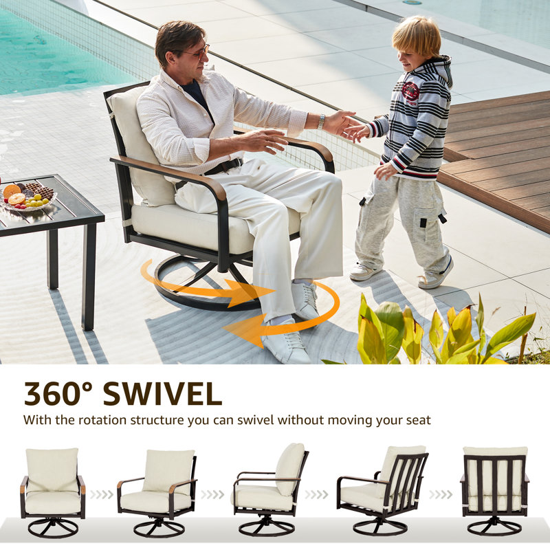 Nickita Seating Group, Swivel Rocking Chair with 6" Olefin Cushions, Black Frame/Beige Cushion, No
