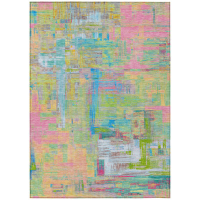 8' X 10' Pink Key Lime And Sky Blue Abstract Washable Indoor Outdoor Area Rug