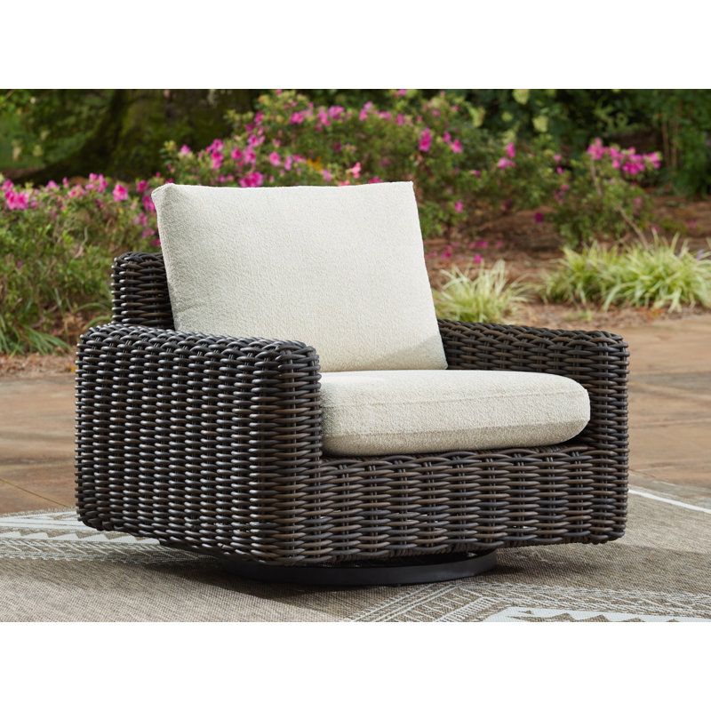 Beige Wicker Outdoor Swivel Lounge Chair with Cushions