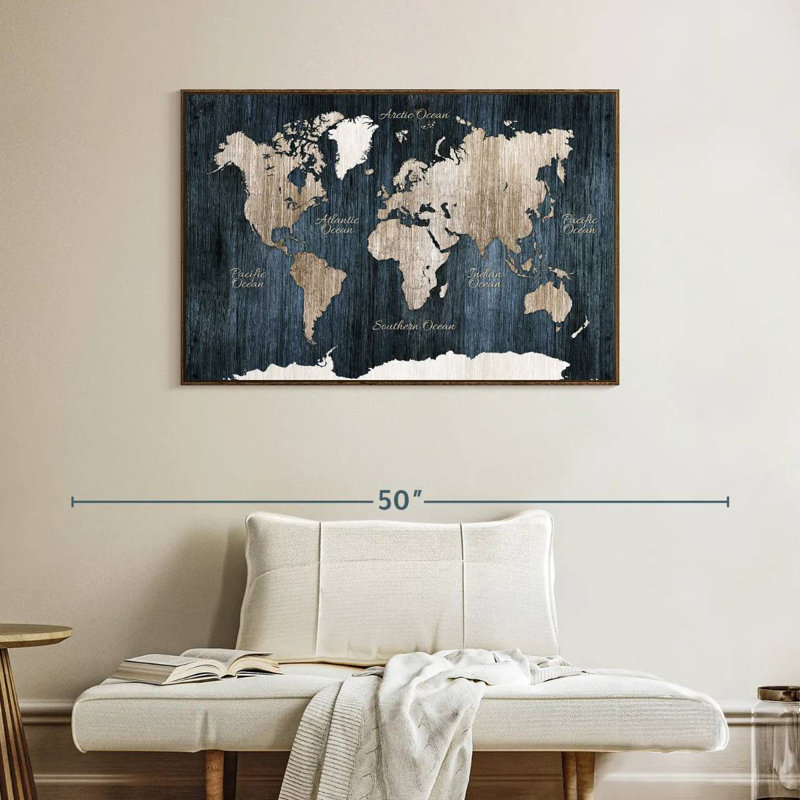 Carte du monde en bois vieilli, 40 po x 27 po, Cadre flottant en noyer