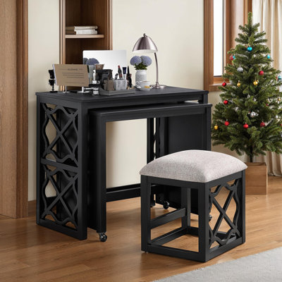 Ensemble de bureau 3 pièces avec tabouret rembourré, ports USB et bureau roulant