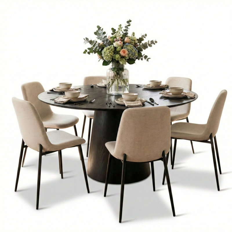 Ensemble de table de salle à manger pour 6 personnes avec table ronde de 60 po et 6 chaises rembourrées en chenille