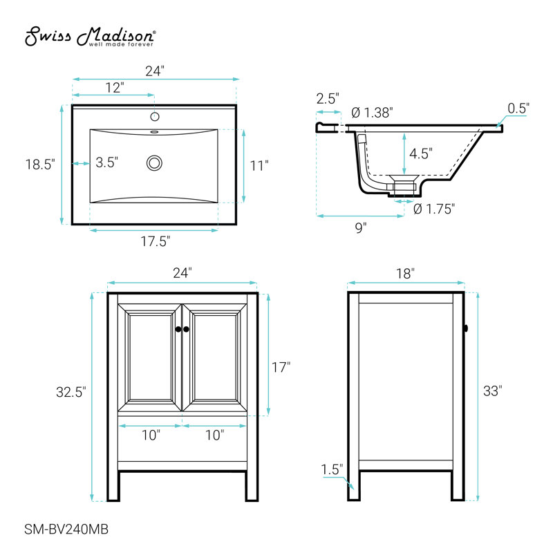 Meuble-lavabo autoportant en chêne 24 po avec plateau d'évier Château, Doré, Noir, Trou unique