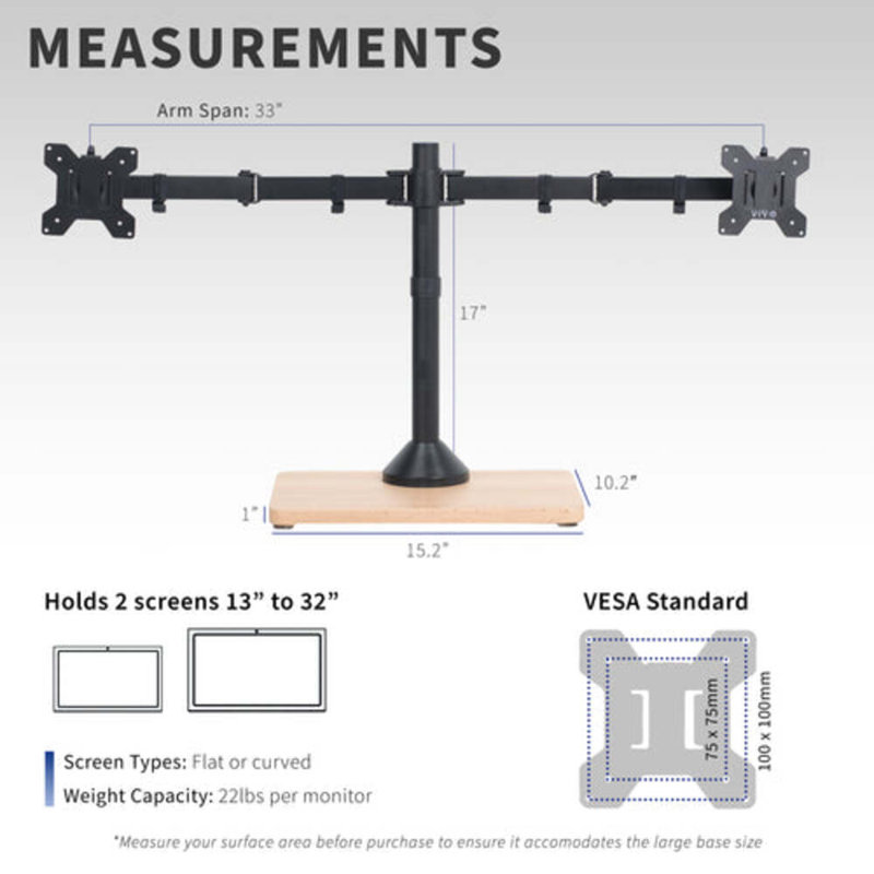 Black Dual Monitor Adjustable Mount with Wood Base for 32" Screens