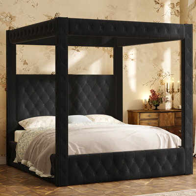 Duluth King Size Black Deep Button-Tufted Velvet Upholstered Four-Poster Canopy Bed with Outlet & USB Ports