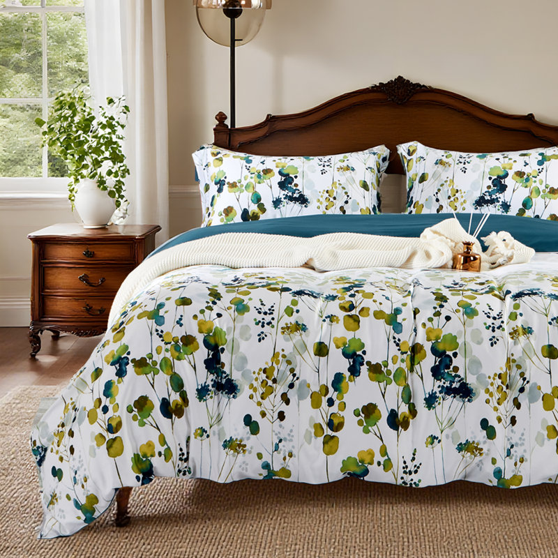 Lunaria Floral Duvet Cover Set – 100% Cotton, Green and Blue Botanical Print, Soft & Breathable Bedding, Queen