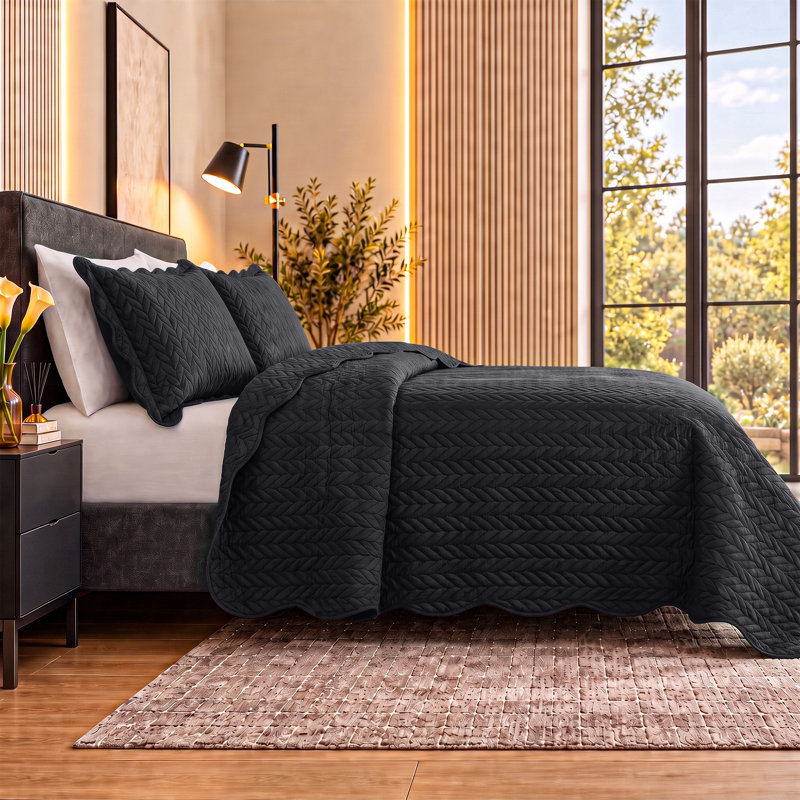 Ensemble de couvre-lit en microfibre embossée - Ensemble de literie moderne et léger avec taies décoratives, Noir