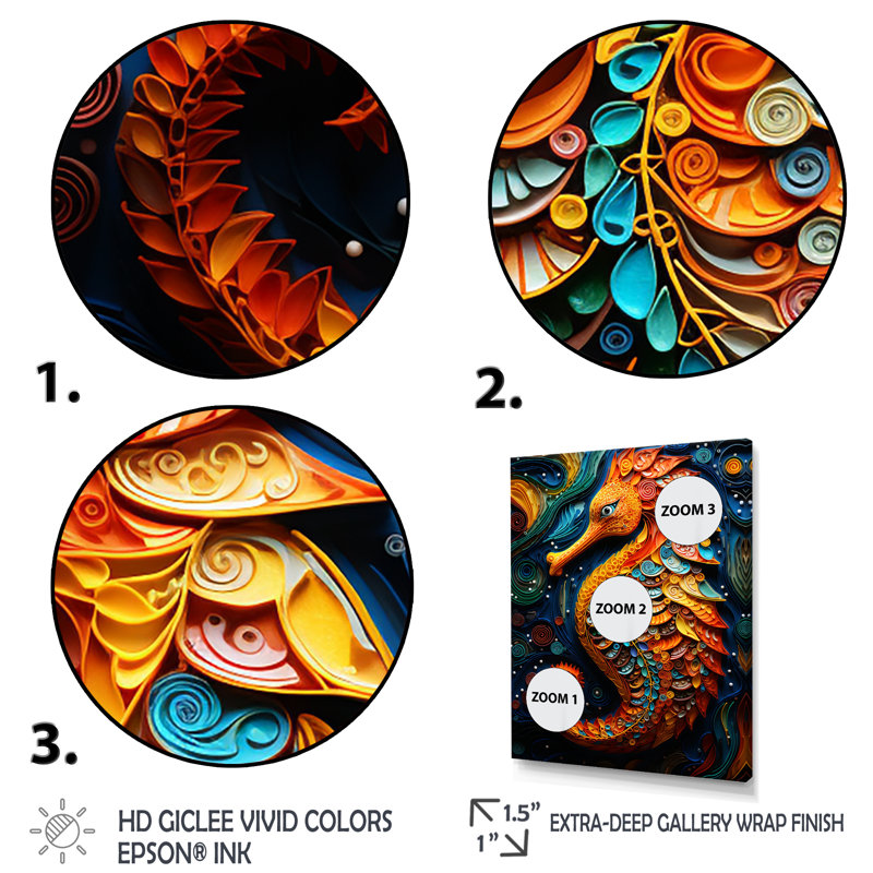 «Orange and Blue Seahorse Symphony 4», H 32 po x l 16 po x P 1 po, Cadre photo noir