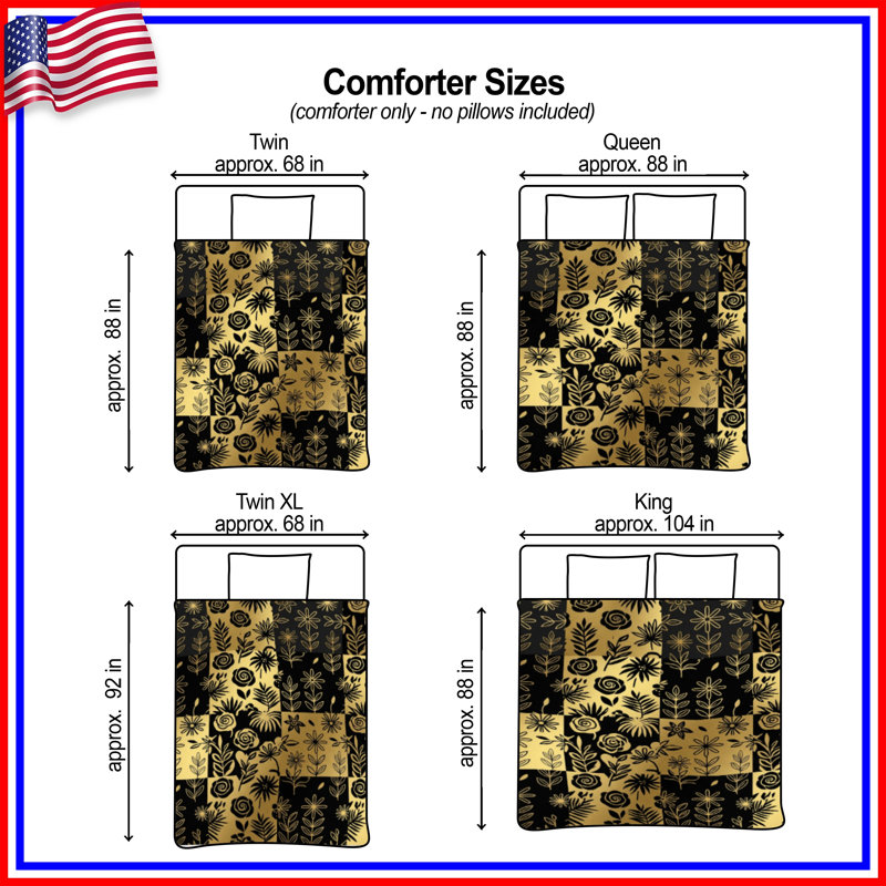 Floral Gold Black Patterns Comforter, Twin
