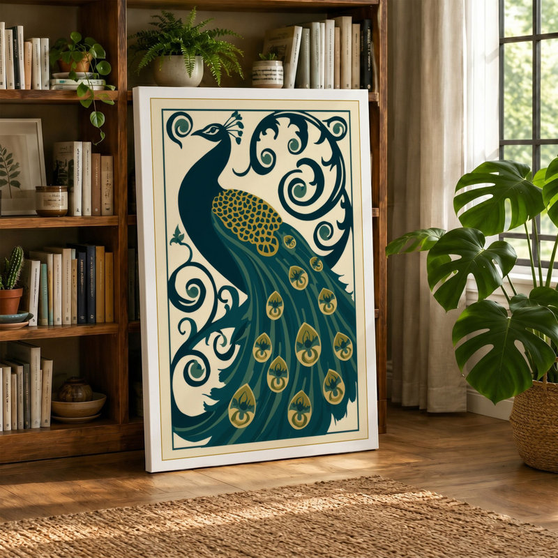Ornamental Peacock Art Deco - Wrapped Canvas, 18x12 - 45.7 x 30.5 cm, Ochre Border