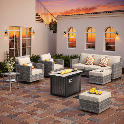 Outdoor Wicker 7 Person Seating Group With Swivel Rocking Armchairs And Fire Pit Table by Lark Manor