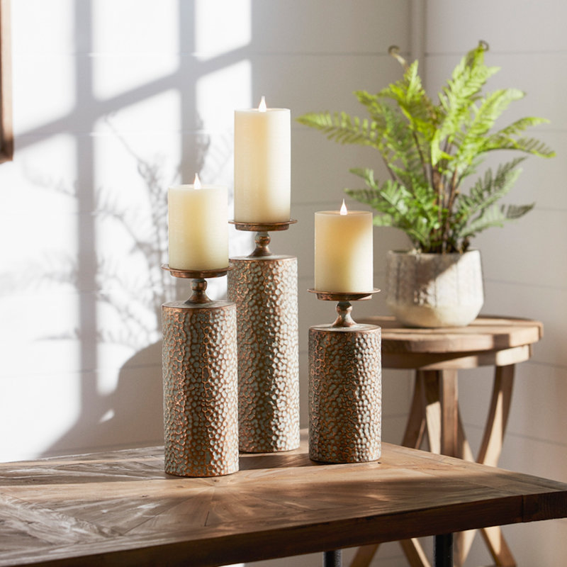 3 Piece Metal Tabletop Candlestick Set, Bronze