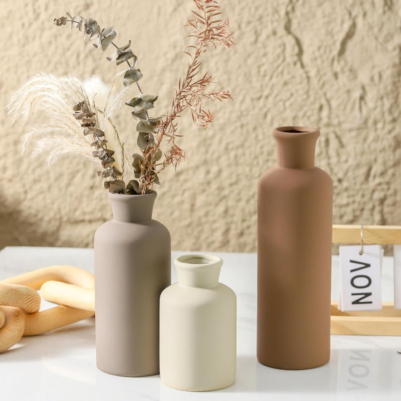 Set of 3 Brown Ceramic Vases for Table Decor