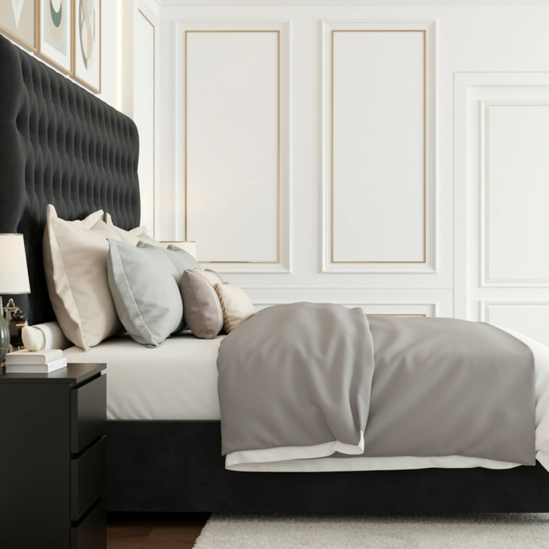 Ensemble de chambre à coucher 3 pièces, grand lit capitonné en velours, Grand, Noir