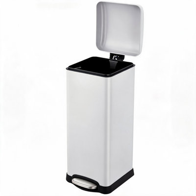 Enjyam 8 Gallon (30L) Step Trash Can, Stainless Steel Bathroom Garbage Can with Lid and Foot Pedal, Kitchen Garbage Bin with Removable Inner Bucket for Home Bedroom Office, White